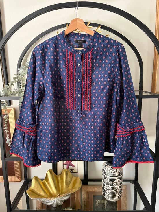 J.Crew Tops - J.Crew Womens 6 Cotton Silk Embroidered Bell Sleeve Peasant Blouse Navy Boho